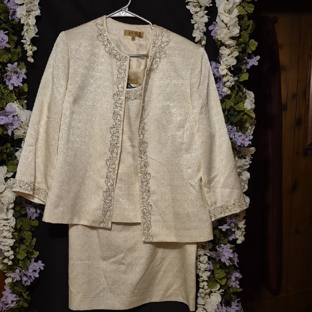 Kasper Cream Blazer, Blouse And Skirt Set with Embroidered Details (3 Pc Set)
